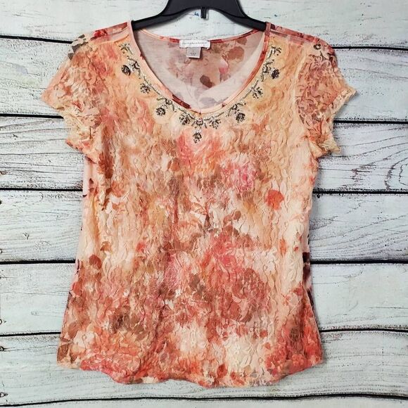 Christopher & Banks Large Peach Lace SS Blouse - Picture 1 of 7